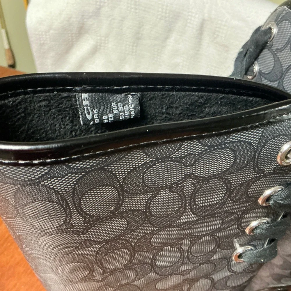 Coach Tristee Rain Boots Black Signature Monogram Lace Up Tall Women 9B A0011